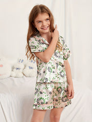 Girls Pajamas Set Flowers Graphic Short Sleeve Top & Shorts Sleepwear