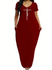 Letter Print Short Sleeve V Neck Maxi Dress