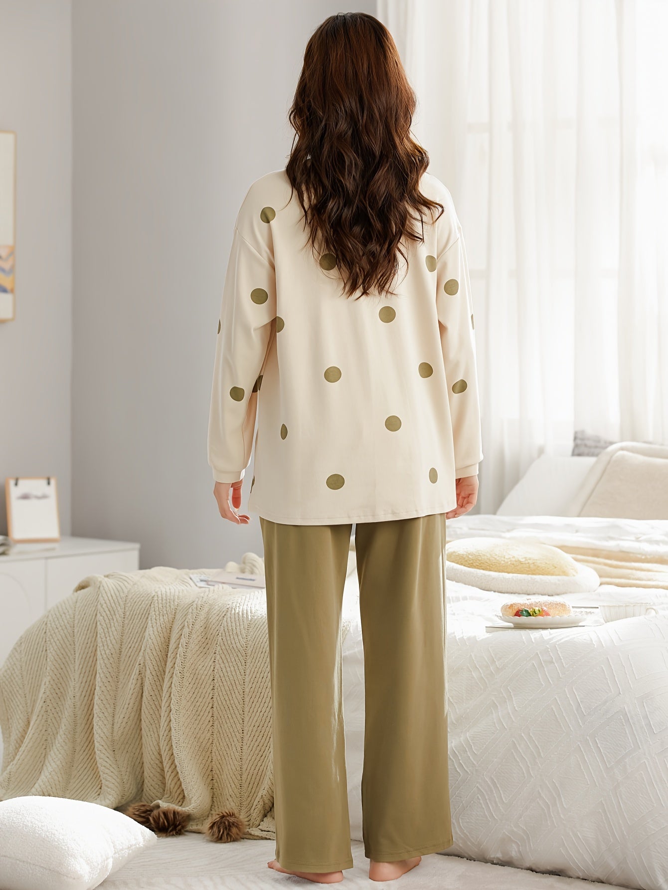 Polka Dot Lounge Set Long Sleeve Top & Pants Women's Sleepwear