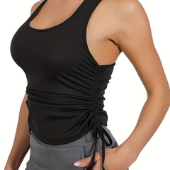 Pleated Drawstring Side Tank Top Sleeveless Racer Back Yoga Sports Top