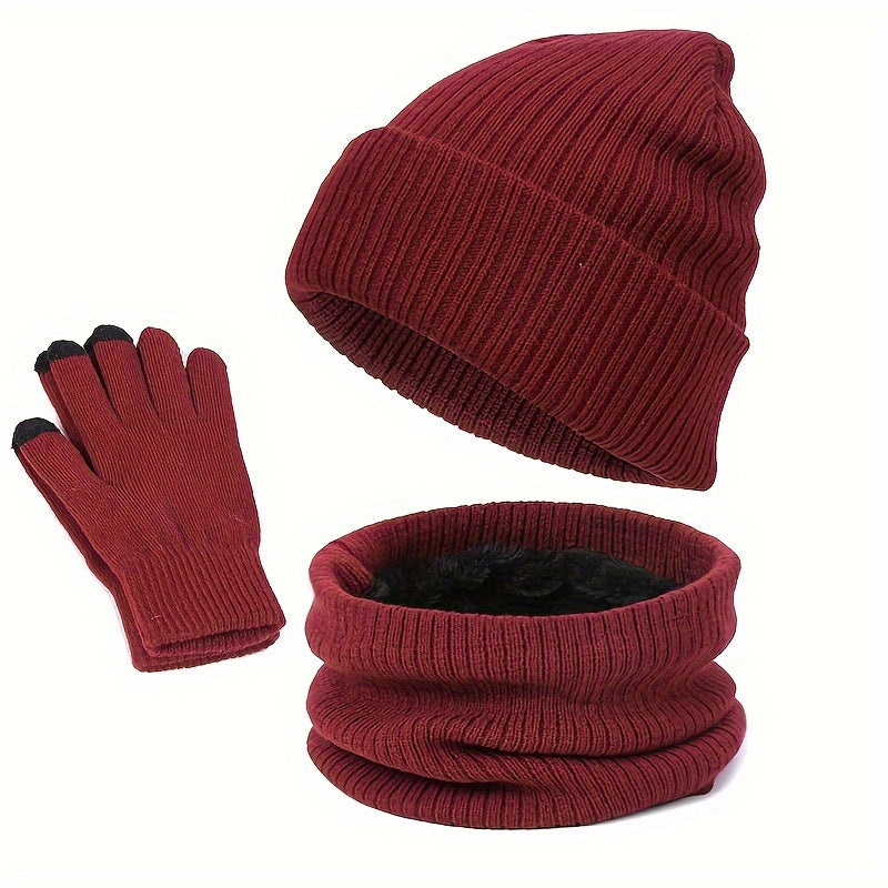 Winter Warm Hat Scarf Gloves Set Windproof Knitted Beanie for Men Women