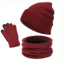 Winter Warm Hat Scarf Gloves Set Windproof Knitted Beanie for Men Women
