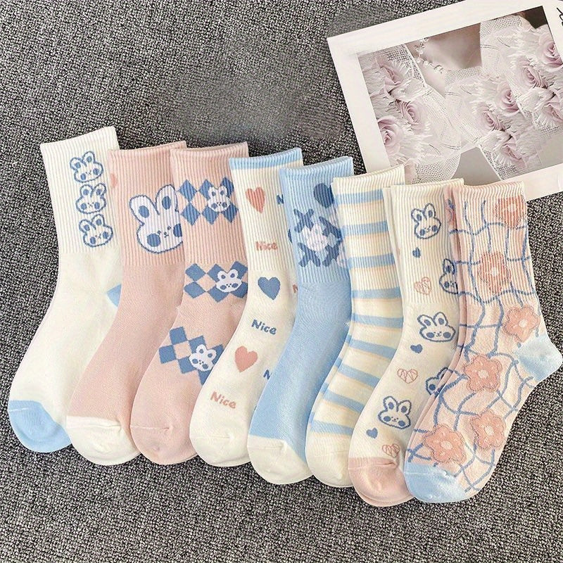 8 Pairs Cute Cartoon Bunny Crew Socks for Women