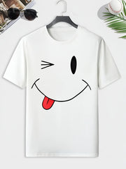Men's Smile Print T shirt Active Comfy Slightly Stretch Crew Neck Tee