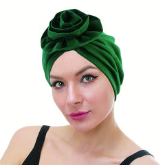 Flower Decor Ruched Turban Cap Solid Bonnet Head Wrap Head Scarf Elastic Beanie