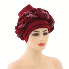 Sequin Turban Cap Double Braid Pre tied Head Wrap Elastic Bonnet