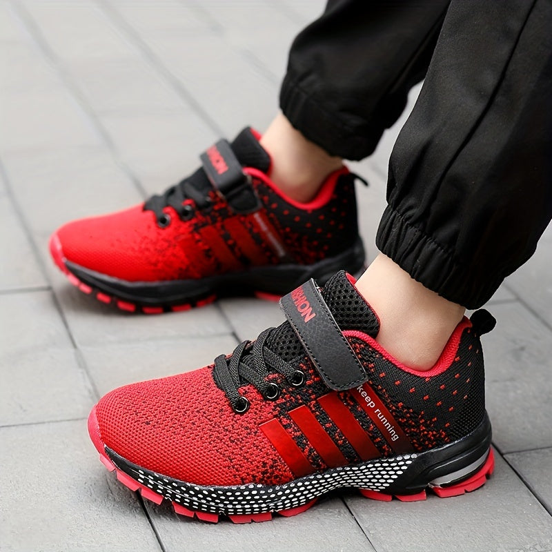 Boy's Red Outdoor Sports Shoes, Puncture Resistant Mesh Sneakers