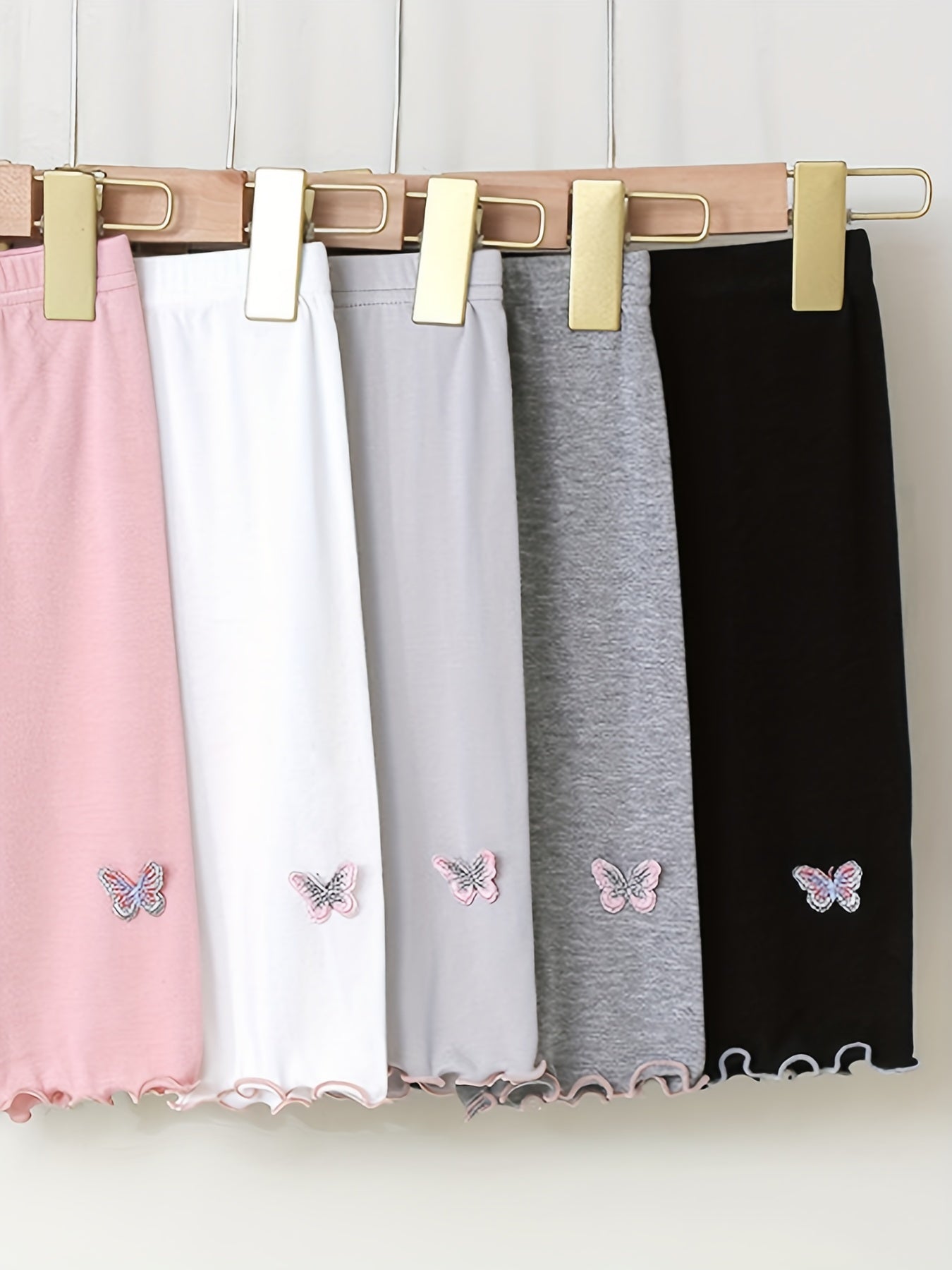 5pcs Girls' Frilled Edge Bike Shorts with Butterfly Graphics