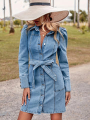 Belted Long Sleeve Denim Dress Lapel Washed Puff Shoulder