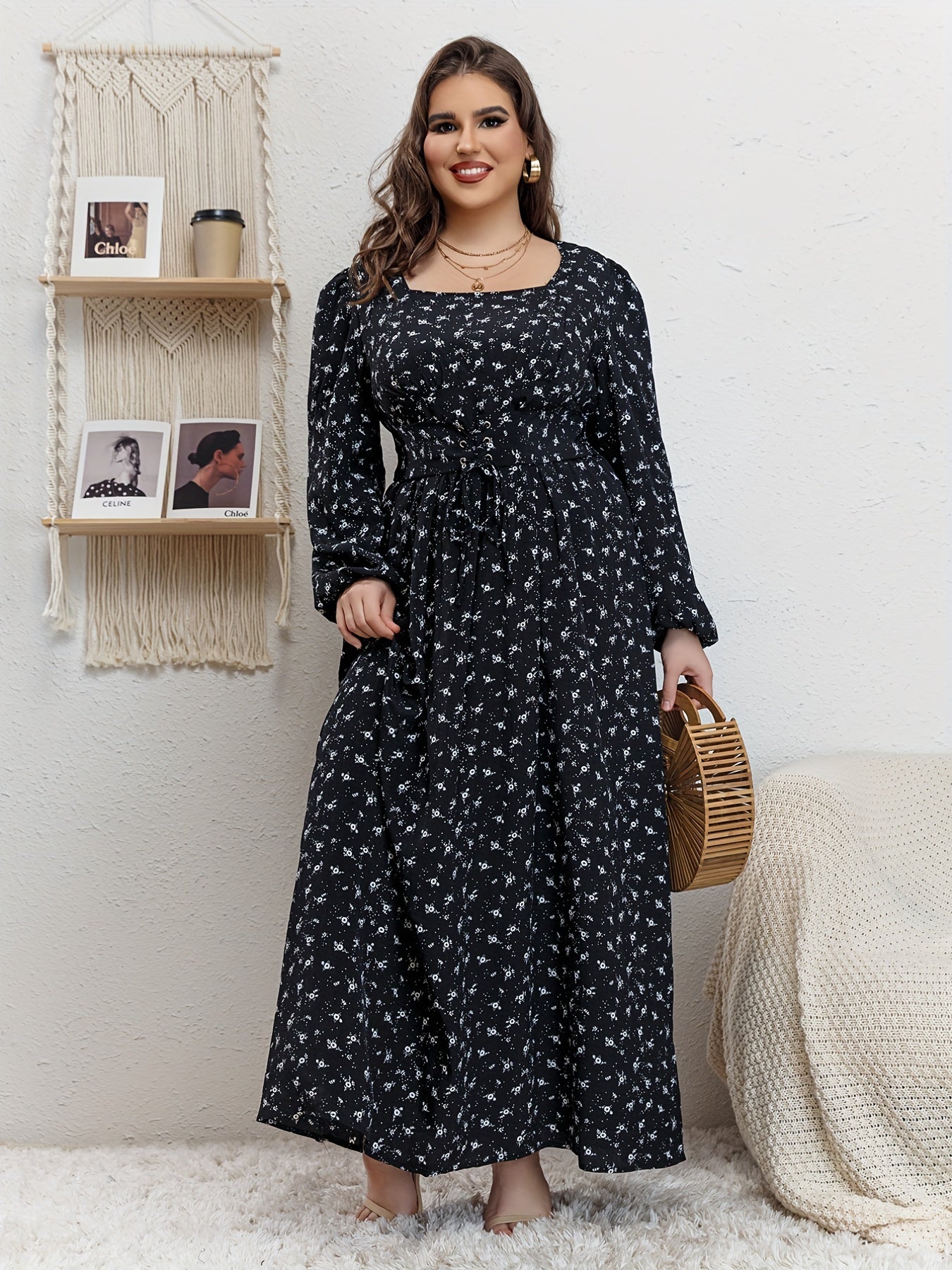 Abaya Dress Women's Plus Ditsy Floral Print Lantern Sleeve