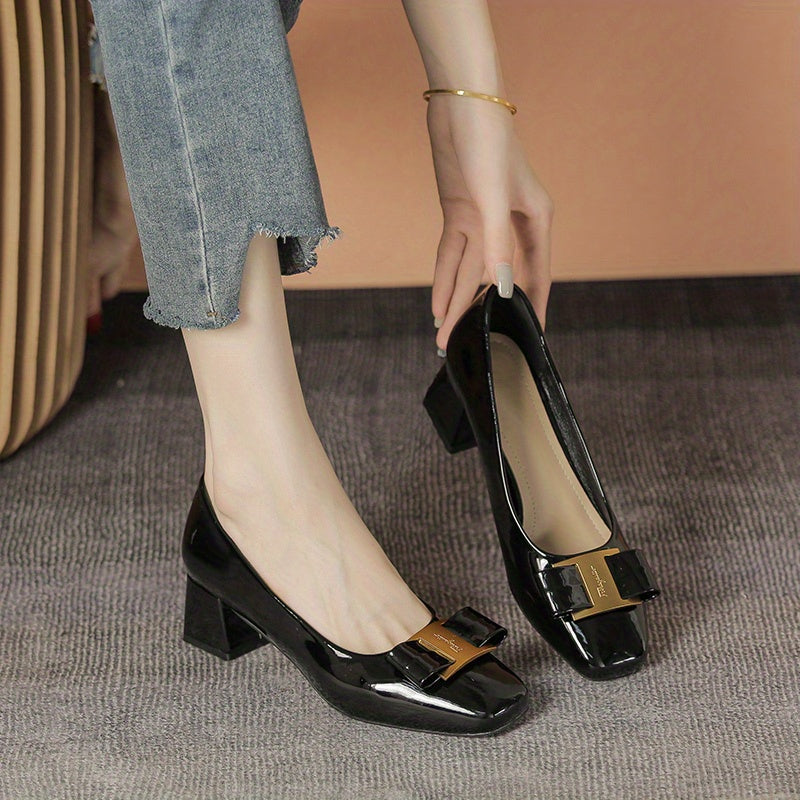 Square Toe Chunky Heels Bowknot Patent Leather Shoes