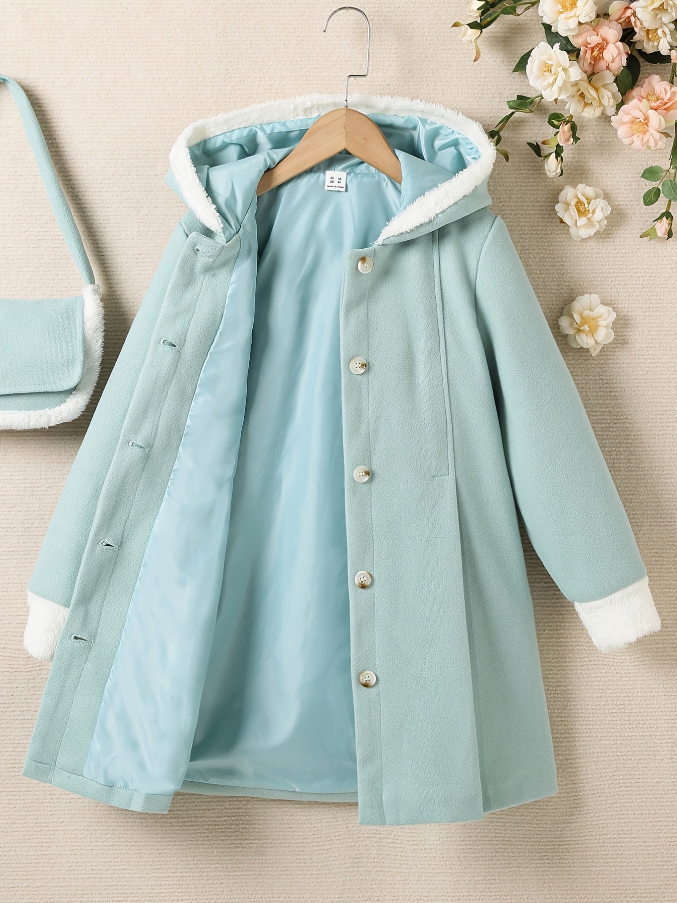 Girls Fleece Button Down Hooded Overcoat Jacket