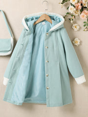 Girls Fleece Button Down Hooded Overcoat Jacket