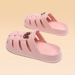 Flat Slide Sandals Bear Decor Slip On Shoes Closed Toe Hollow Out Slides