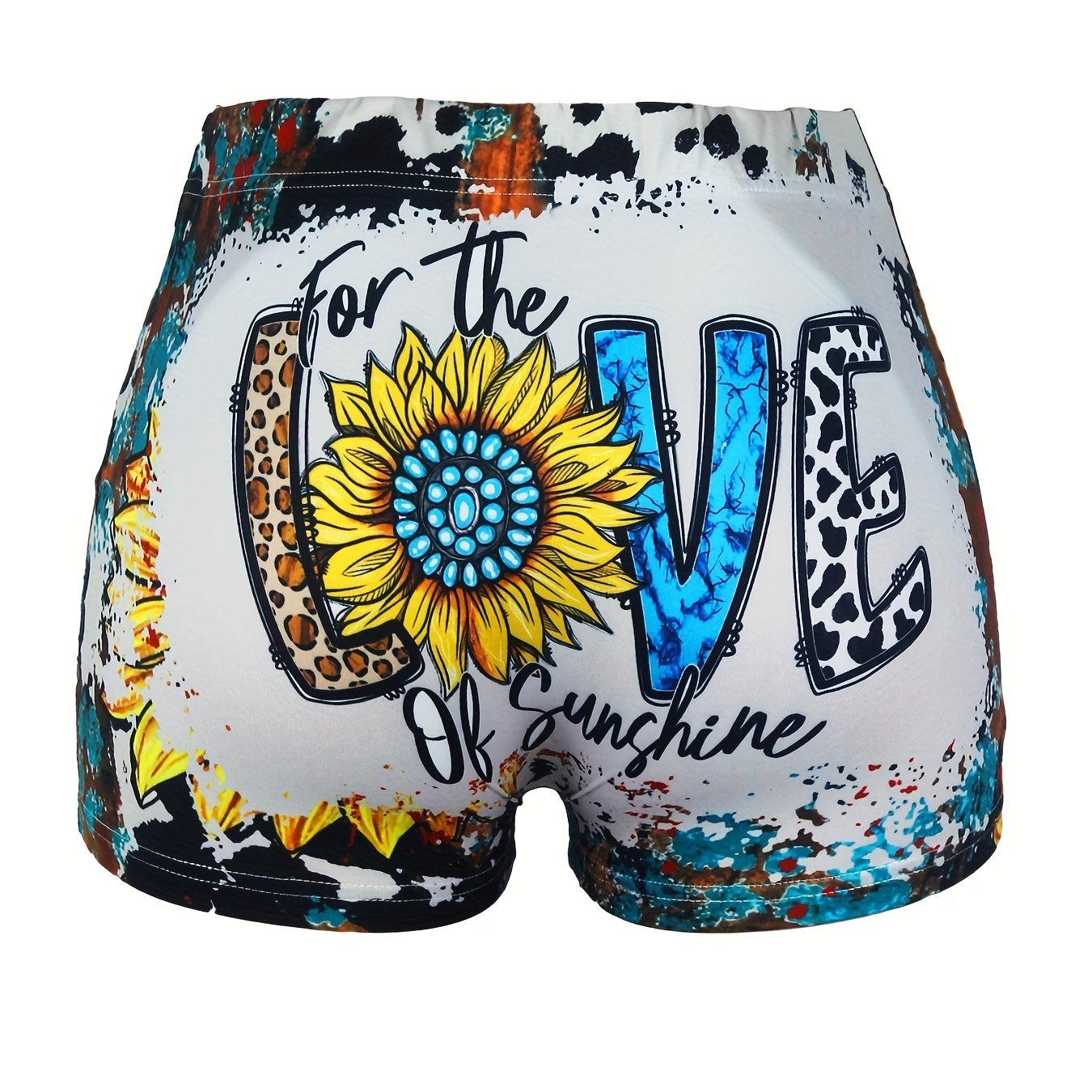Women's Plus Sunflower & Art Letter Print Tie Dye Elastic High Rise Shorts