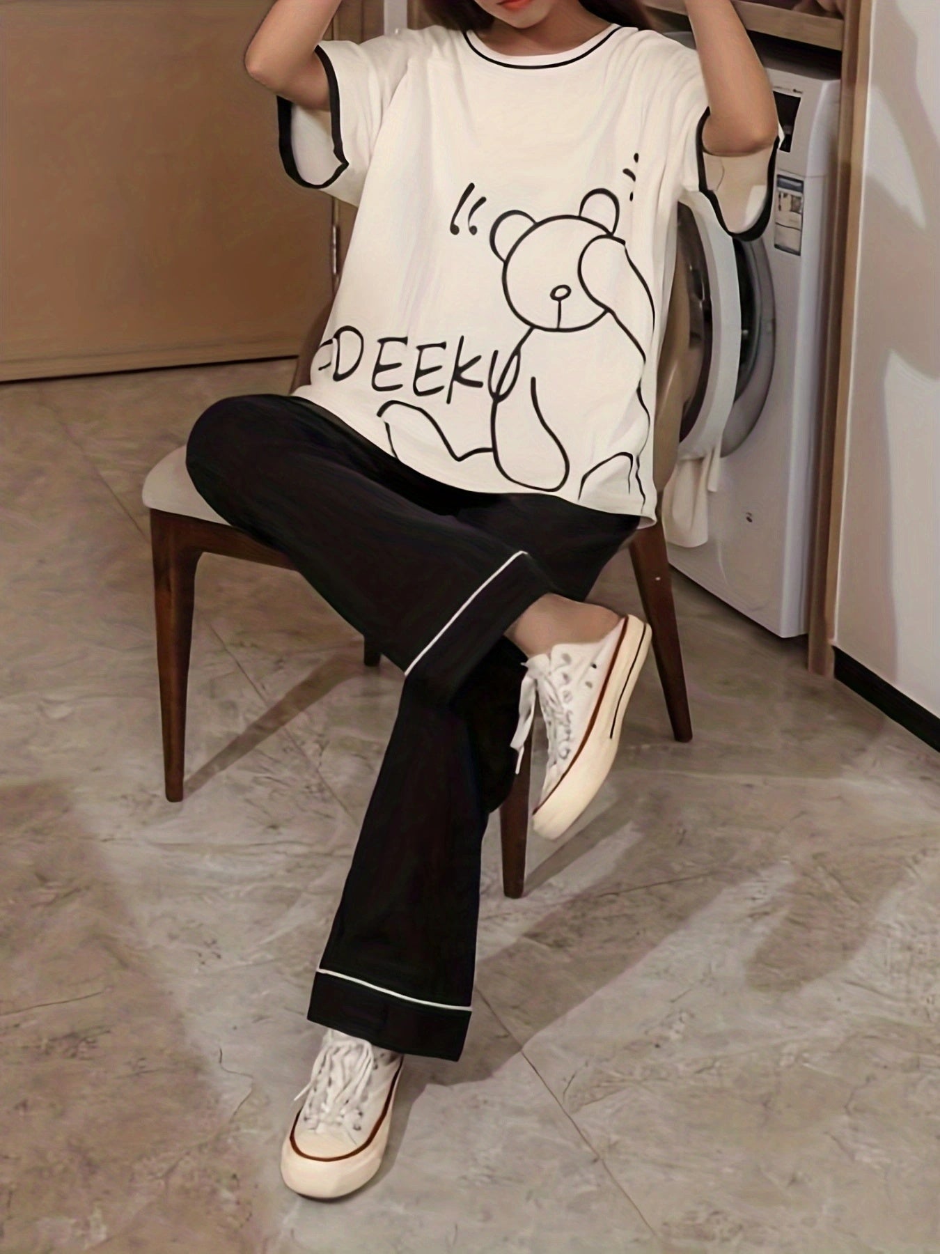 Bear Print Pajama Set Short Sleeve Crew Neck Top & Pants