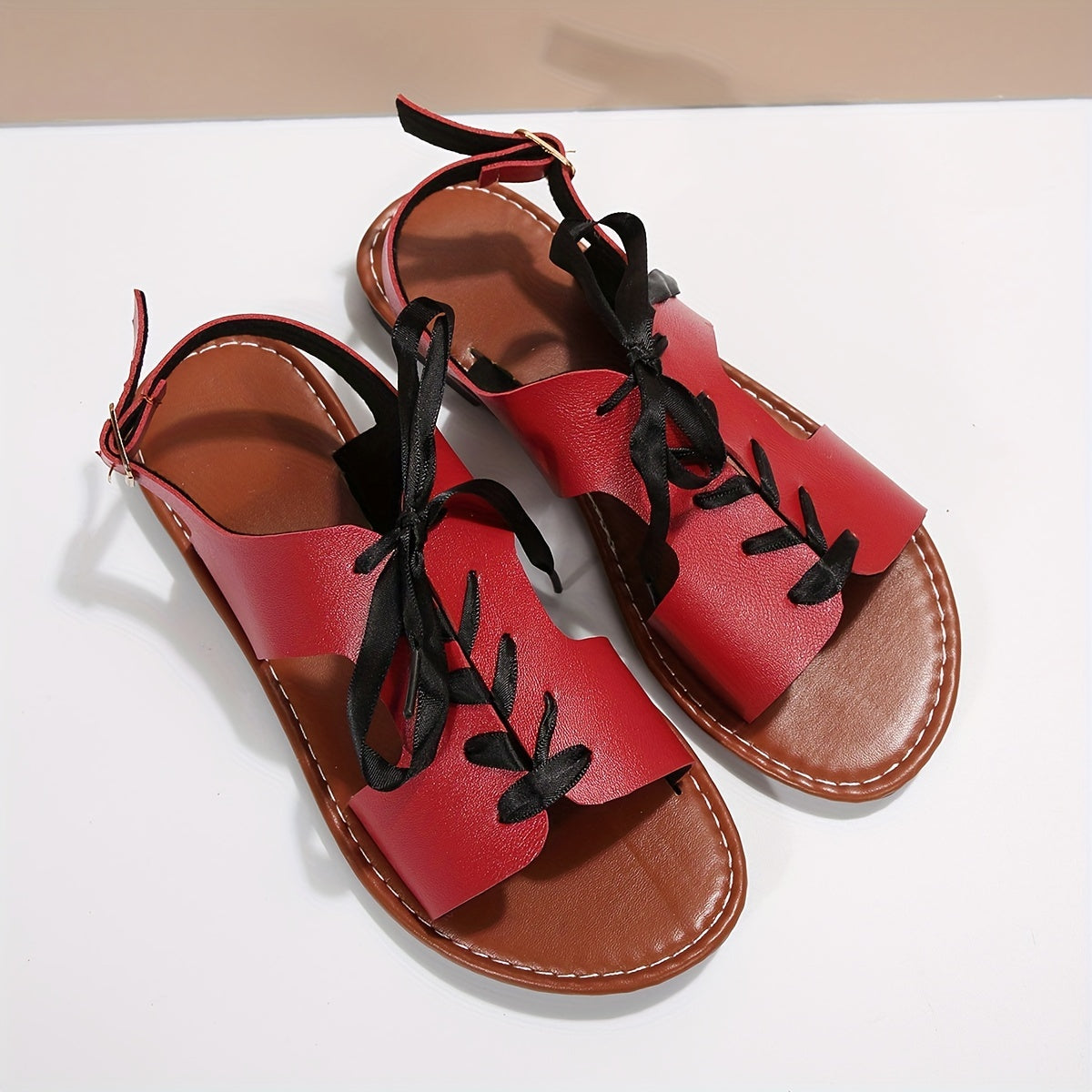 Women's Lace Up Flat Sandals Back Buckle Strap Faux Leather Shoes