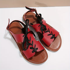 Women's Lace Up Flat Sandals Back Buckle Strap Faux Leather Shoes