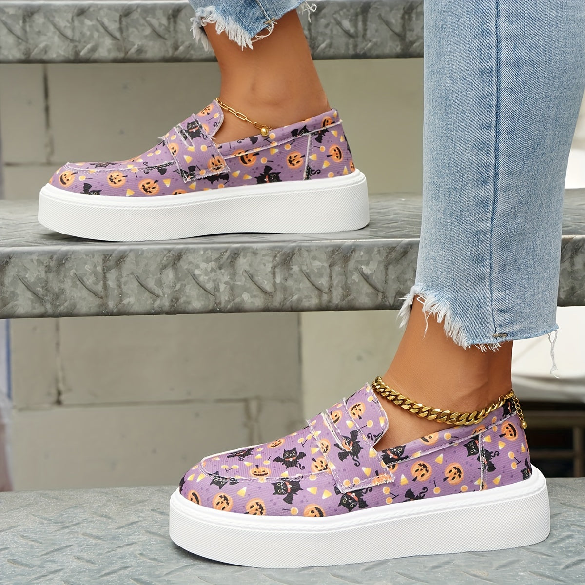 Women's Pumpkin & Cat Print Sneakers Halloween Canvas Shoes