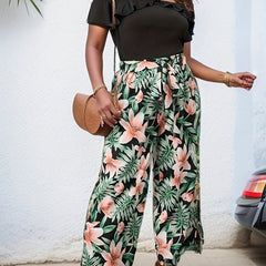 Plus Ruffle Trim Off Shoulder Top & Tropical Print Wide Leg