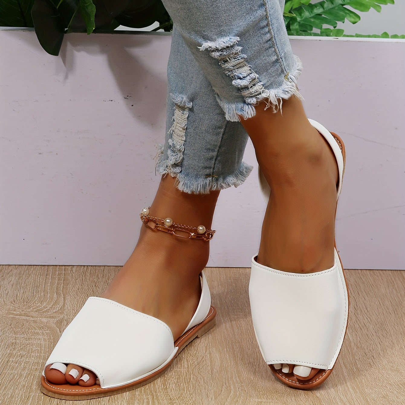 Women's Peep Toe Flat Sandals Slingback Non Slip Casual Slip On Sandals