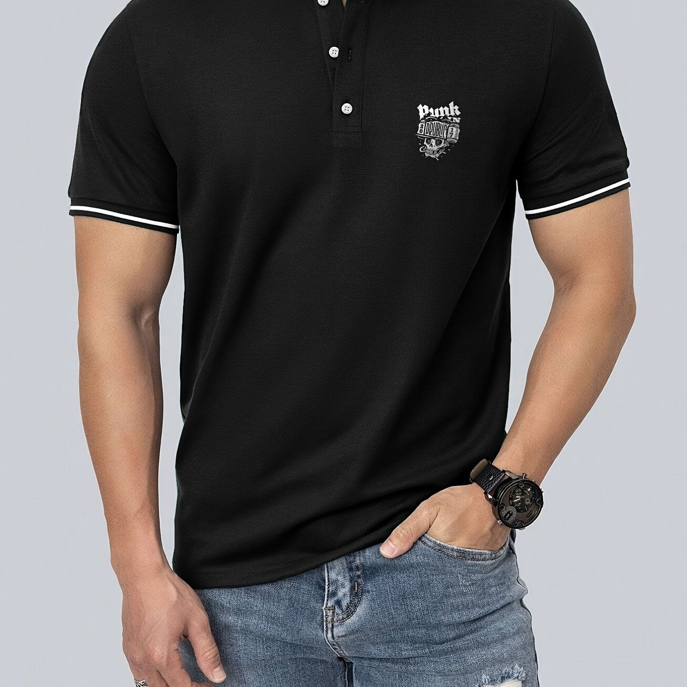 Men's Punk Skull Graphic Shirt Casual Button Up Polo Shirt for Summer