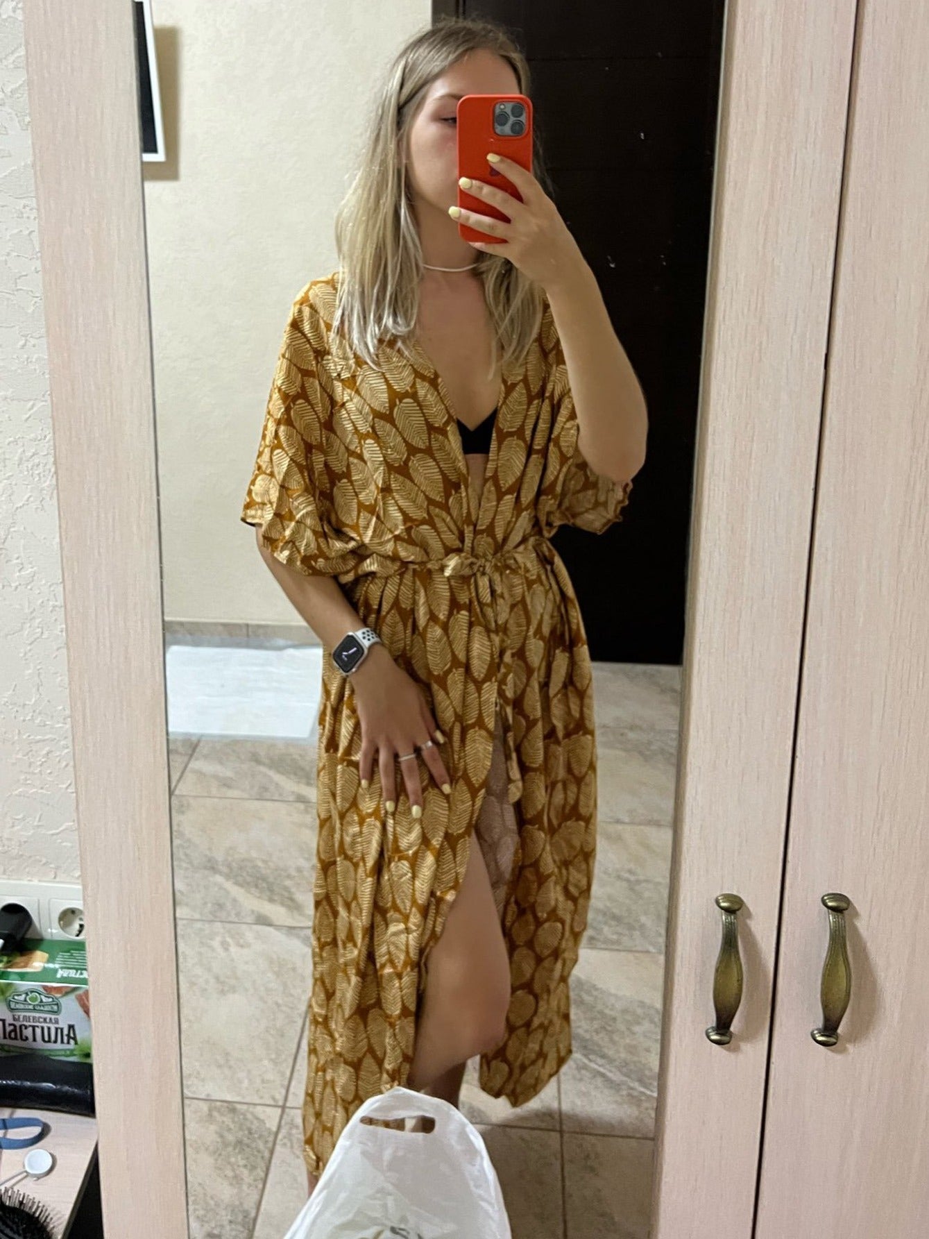 Women's Leaf Printed Beach Swimsuit Cape Cover Up Kimono Cardigan Wrap Dress