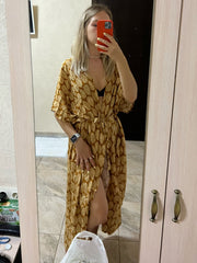 Women's Leaf Printed Beach Swimsuit Cape Cover Up Kimono Cardigan Wrap Dress