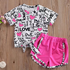 Girls Heart Print T-shirt & Shorts Set for Summer