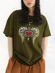 Wing & Heart Print T shirt Casual Crew Neck Short Sleeve Top