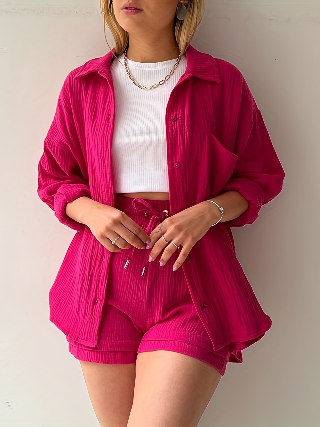 Solid Pocket Matching Set Long Sleeve Shirt & Drawstring Shorts