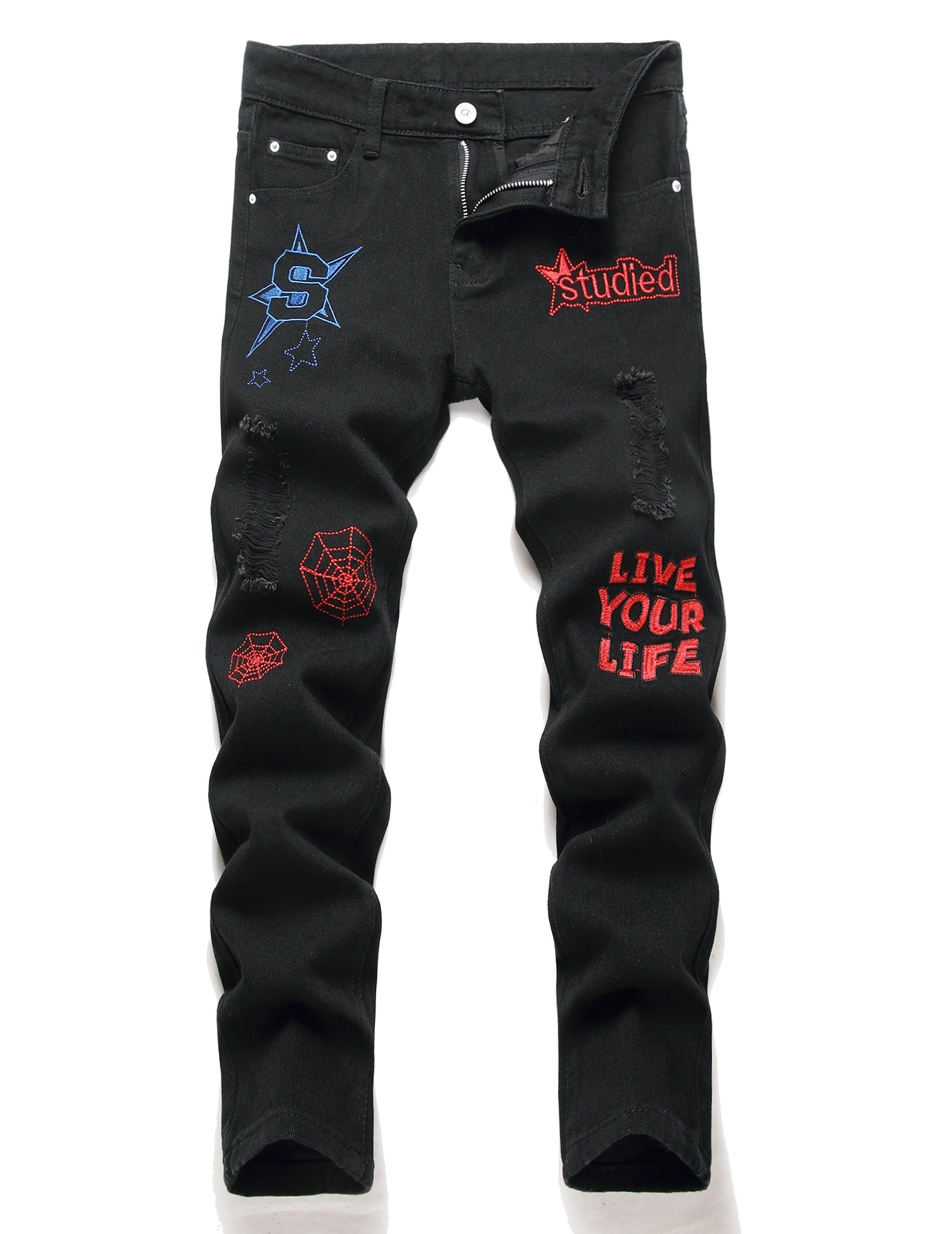 Boys Graffiti Letter Embroidered Slim Fit Jeans