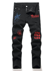 Boys Graffiti Letter Embroidered Slim Fit Jeans