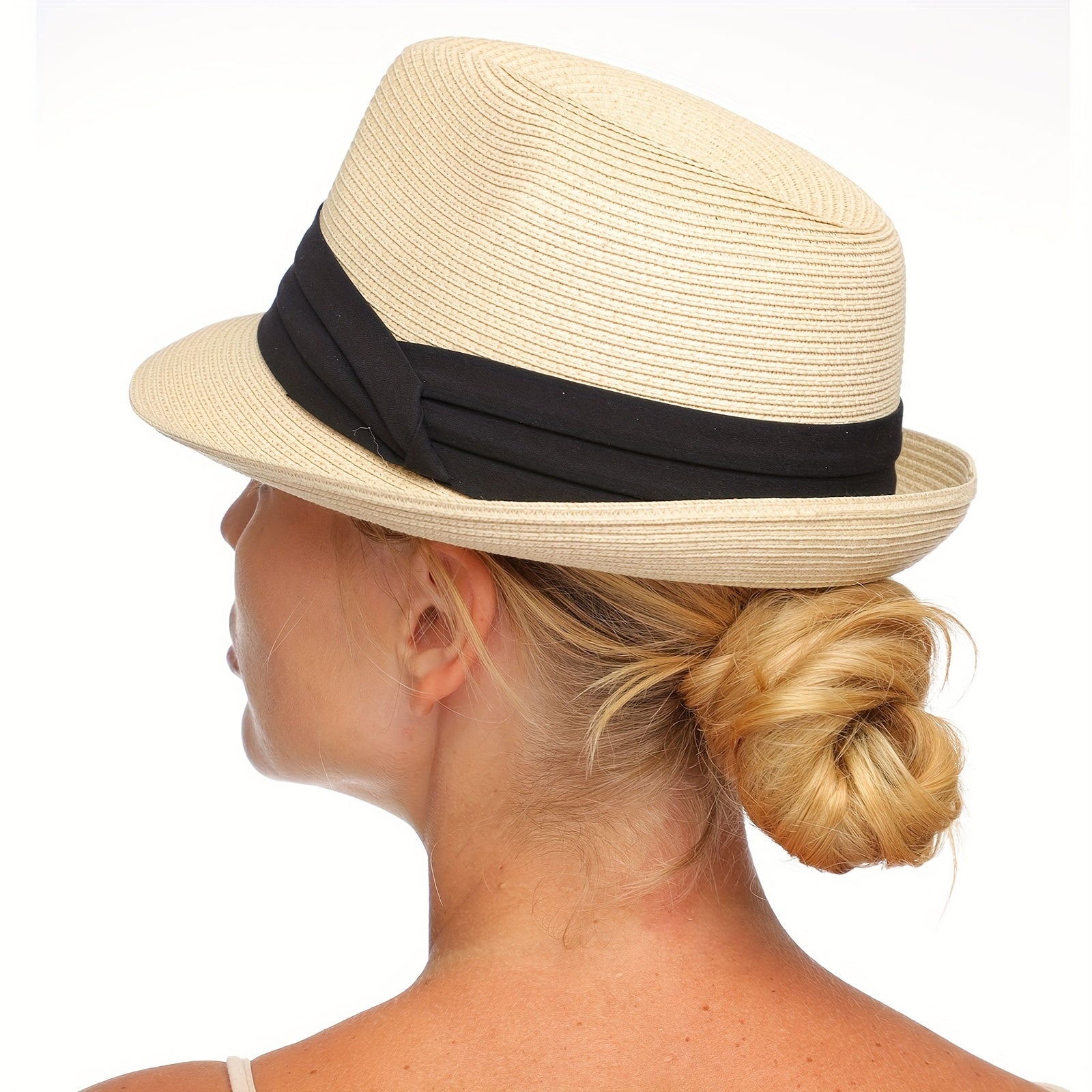 Short Brim Sun Hat Foldable Straw Jazz Hat Fedora Cap Outdoor Beach Hat