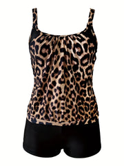 Leopard Print Tankini Set Women's Cut Out Cami Top & Shorts Swimsuit