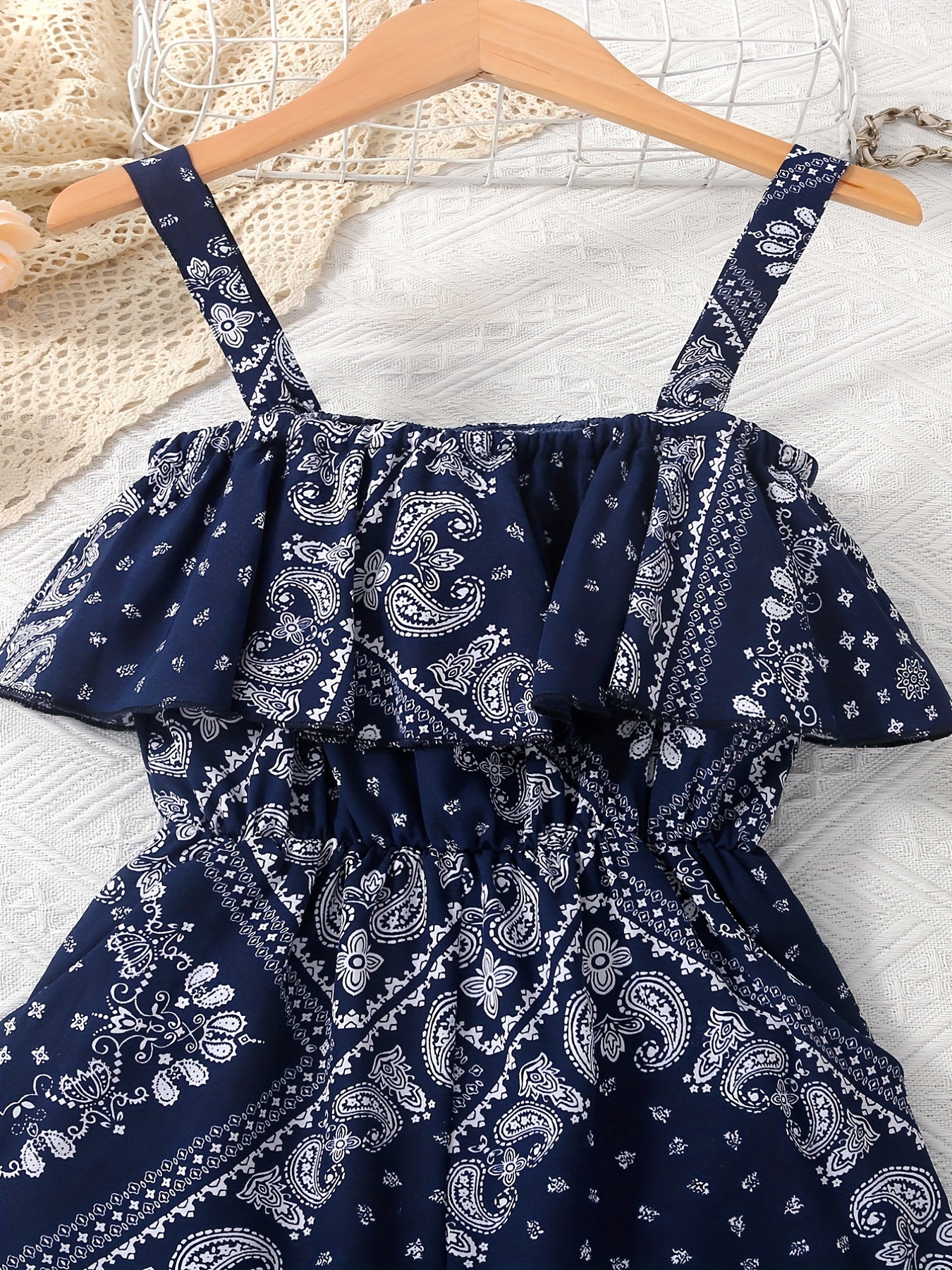 Toddler Girls Ethnic Abstract Ruffle Trim Cami Rompers Jumpsuits
