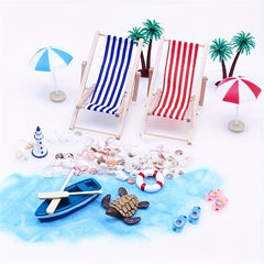 Summer Beach Dollhouse Set with Wooden Chairs, Plastic Seashells, and Umbrellas