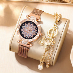 Digital Rhinestone Studded Watch & Butterfly Bracelet Set