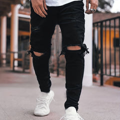 Men's Slim Solid Ripped Denim Skinny Pants