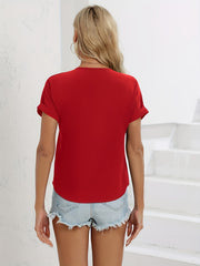 Solid Zipper Blouse Crew Neck Short Sleeve Casual Top