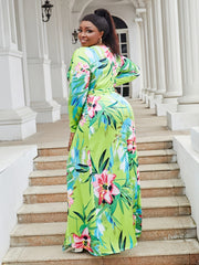 Floral Print High Split Maxi Dress With Belt
