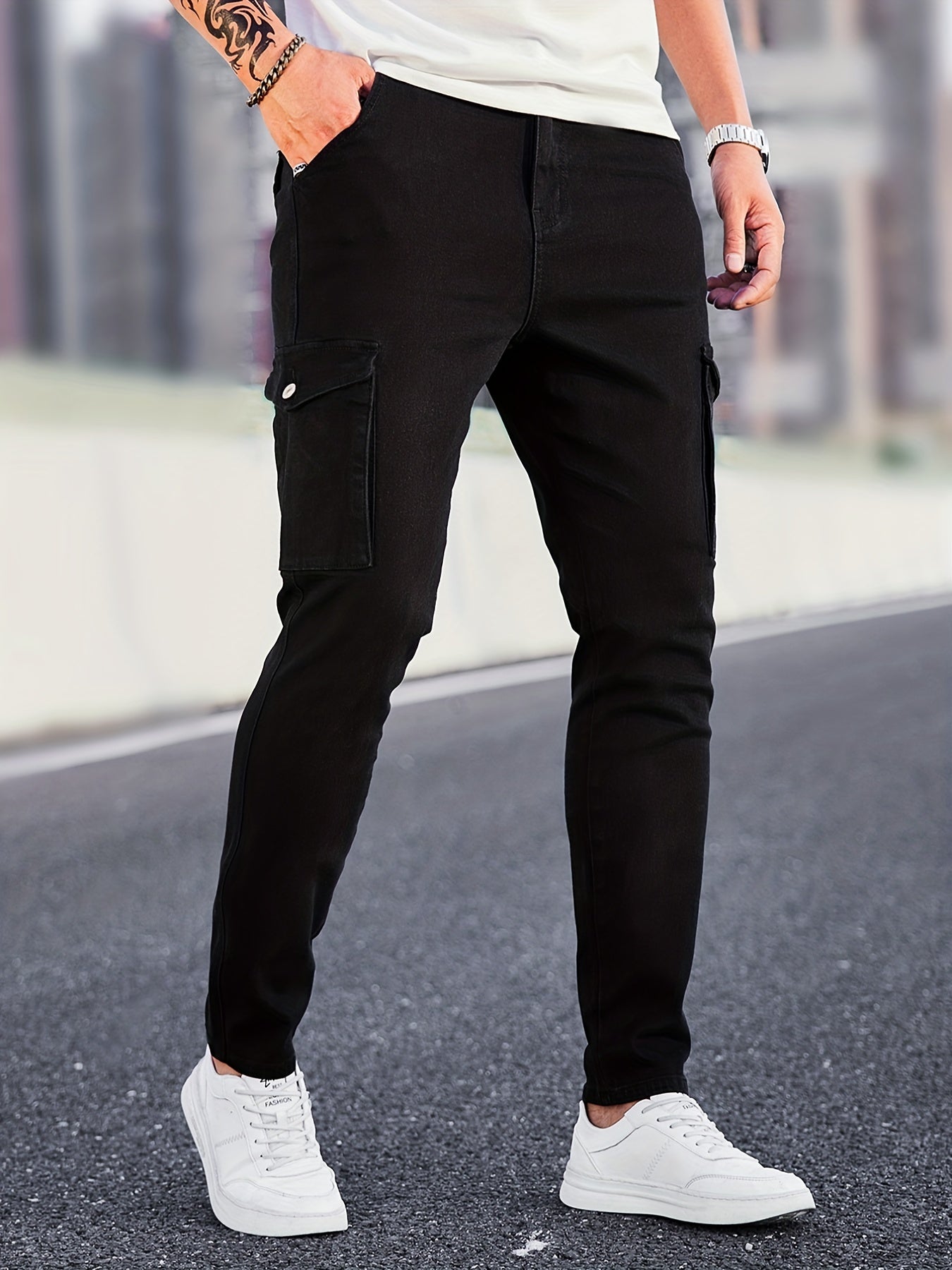 Slim Fit Cargo Jeans Mens Casual Pocket Solid Mid Stretch Jeans