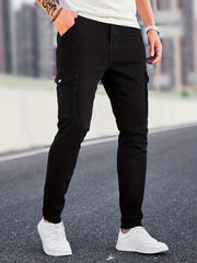 Slim Fit Cargo Jeans Mens Casual Pocket Solid Mid Stretch Jeans