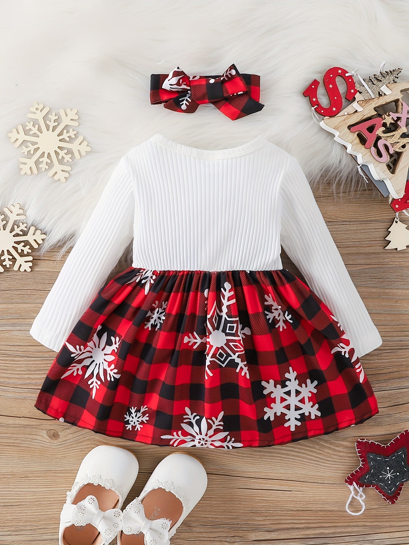 2pcs Baby Girl Christmas Bow Snowflake Dress Headscarf Set