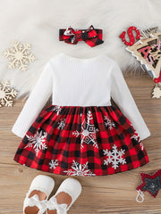 2pcs Baby Girl Christmas Bow Snowflake Dress Headscarf Set