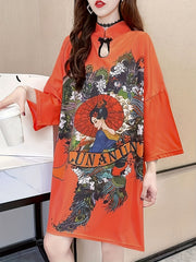 Cheongsam Sleep Dress Ethnic Style 3/4 Sleeve Nightwear