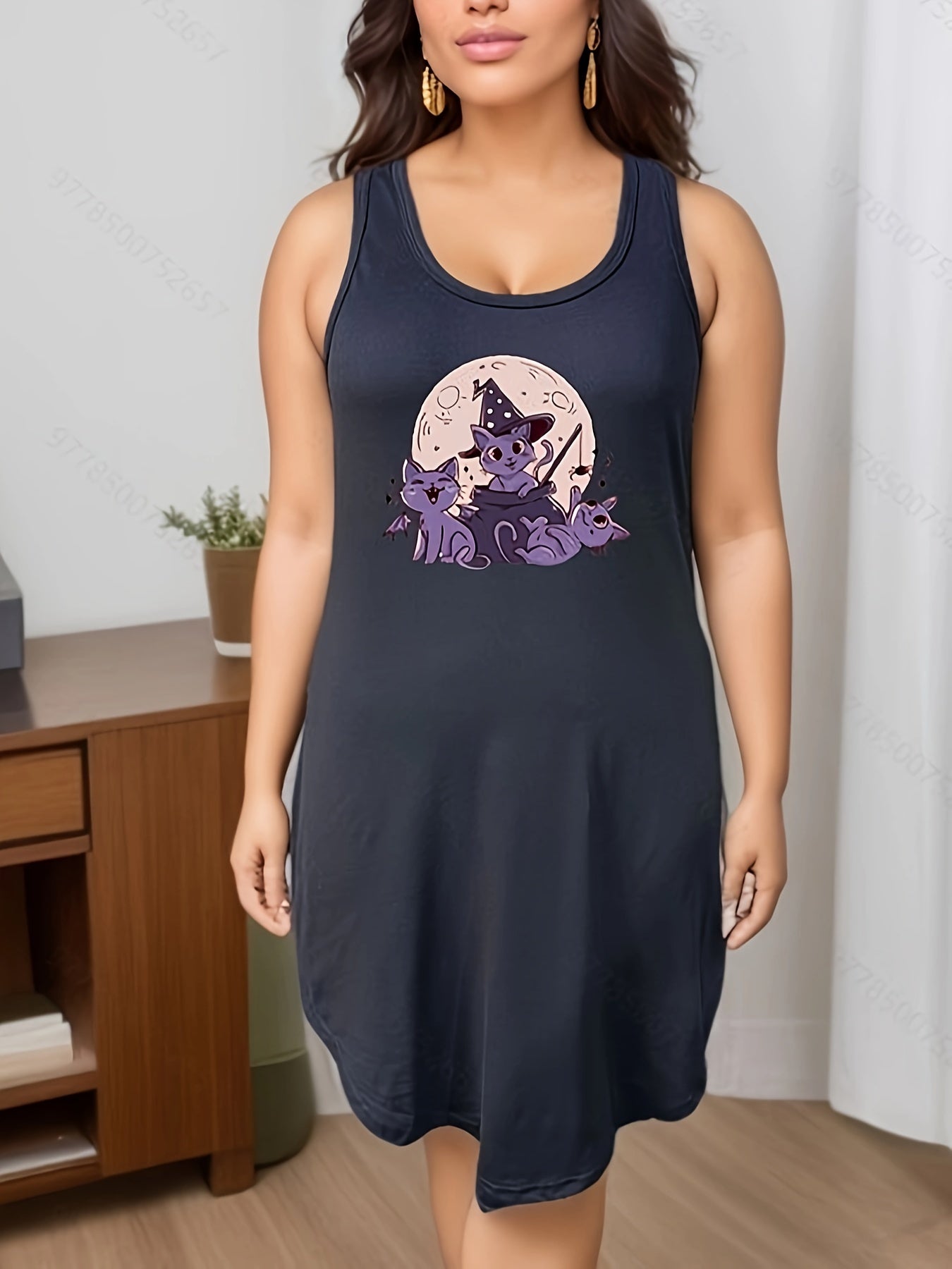 Halloween Nightdress Women's Witch Cat Bat Print Stretch Tank Dress