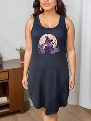 Halloween Nightdress Women's Witch Cat Bat Print Stretch Tank Dress