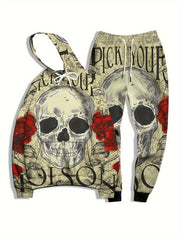 Skull & Roses Print Men's Hoodie & Sweatpants Set for Autumn Winter