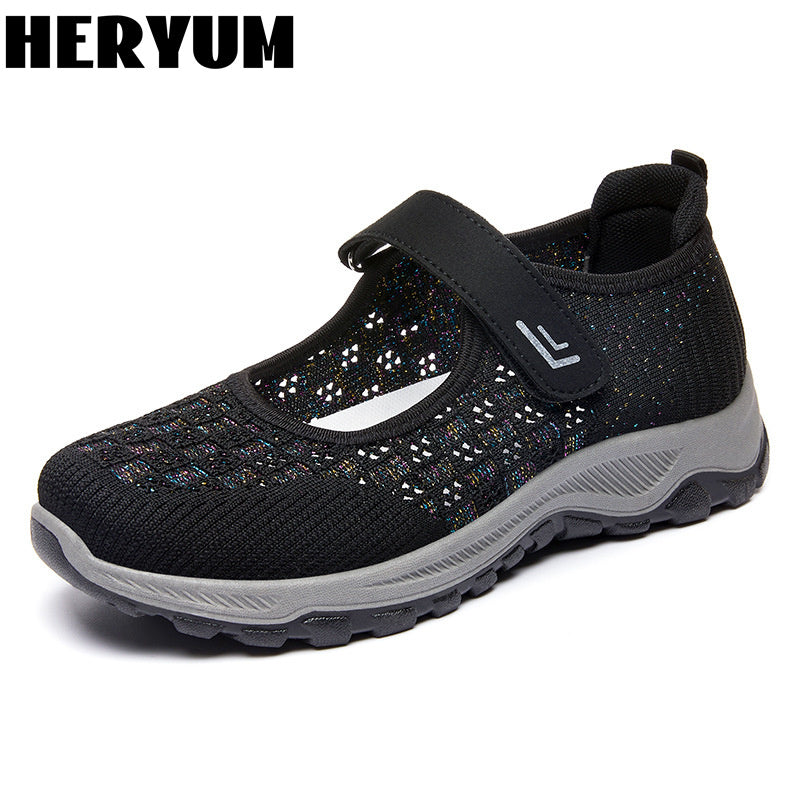 Women's Breathable Knit Sneakers Comfortable Closed Toe Hook & Loop Strap Shoes